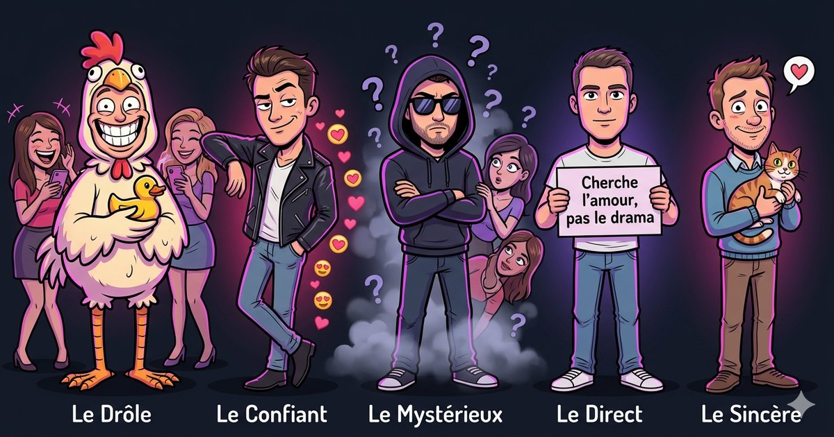 Les 5 styles de bio Tinder illustrés : le drôle en costume de poulet, le confiant en veste de cuir, le mystérieux en hoodie, le direct avec pancarte, le sincère avec son chat