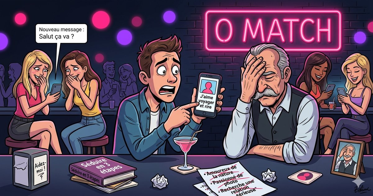 Bio Tinder homme : un gars désespéré montre sa bio au barman qui facepalm, enseigne néon 0 match